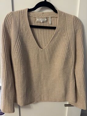 Helmut Lang Women's Beige V-Neck Ribbed Knit Sweater